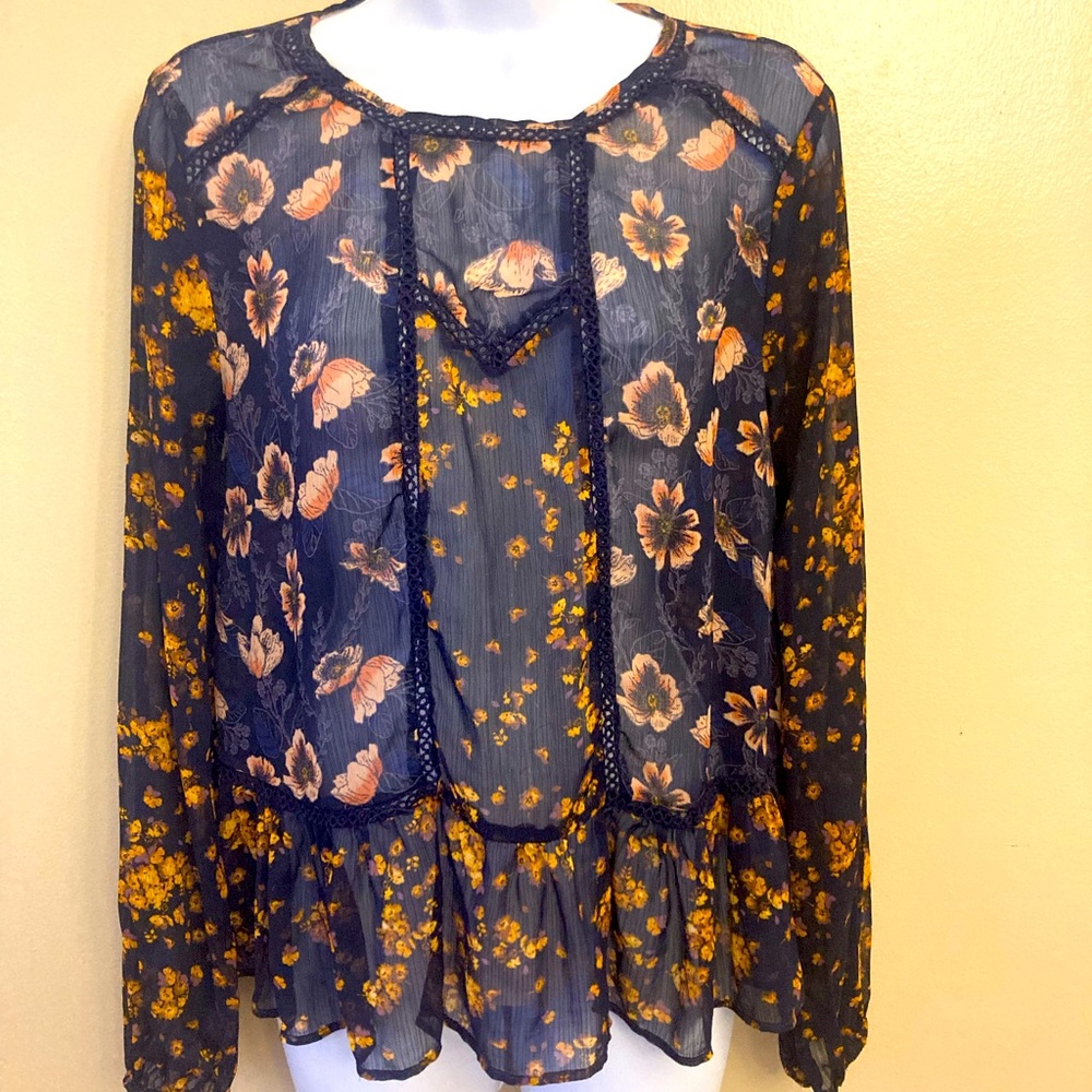 Xhilaration Floral Chiffon Top with Cotton Lace Trim and Back Keyhole